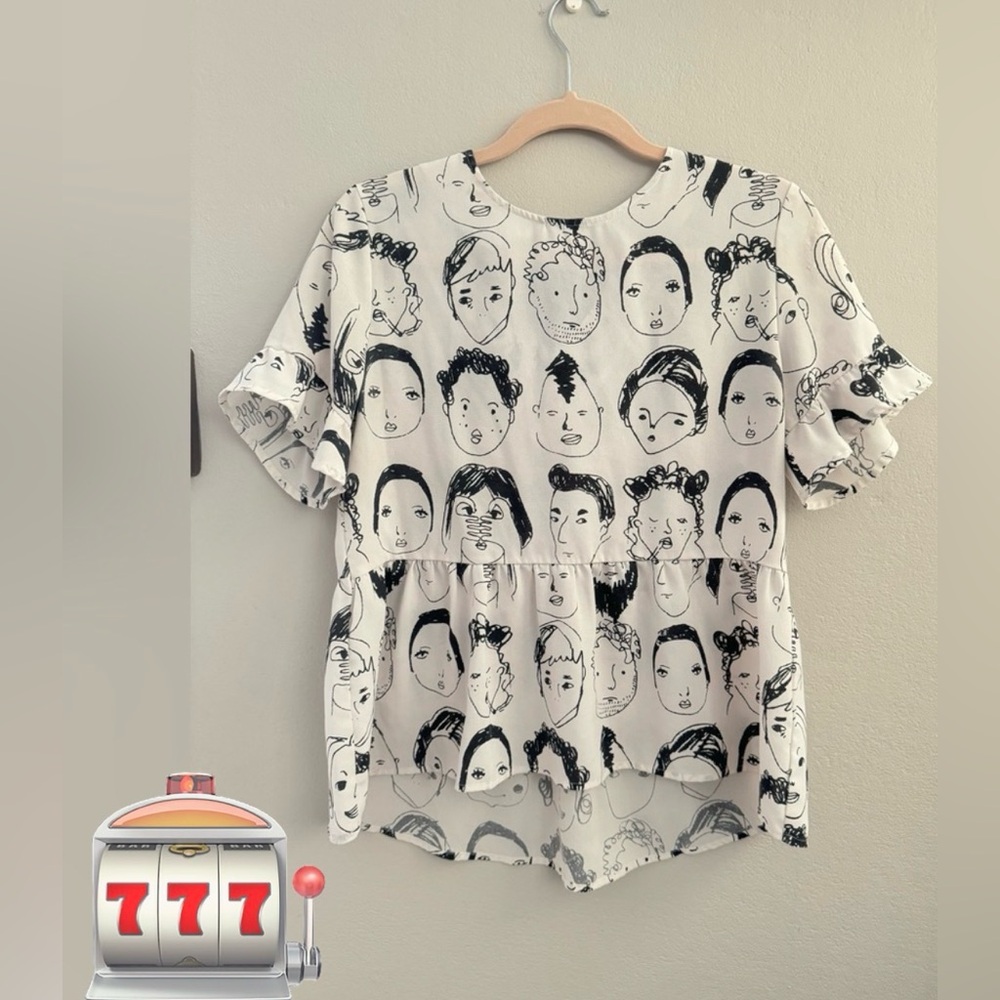White and black blouse with prints of various faces, size L B-3
